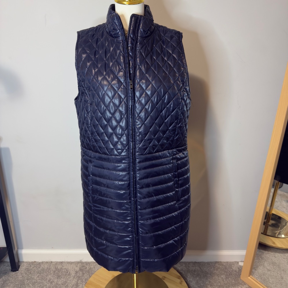 Talbots Womens Navy Blue Quilted Longline Puffer Vest Full Zip Size L‎ Large